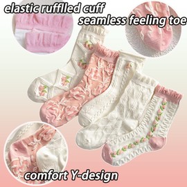 CHUNFO Cute Pink White Floral Women Ankle Sock Stripe Lettuce Trim Knitted Comfy Embroidered Girl Sock Gift 4 & More Pairs