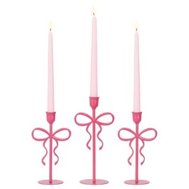 NEEDOMO - Juego de 3 portavelas de metal con lazo rosa para decoración de San Valentín, portavelas cónicos para decoración romántica de boda, fiesta, mantel