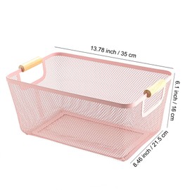 AJIODA Metal Mesh Steel Basket, Large Wire Storage Organizer Basket Multi-function Hanging Kitchen Baskets with Wood Handle for Kitchen Bathroom Picnic Home, Rectangle-Pink