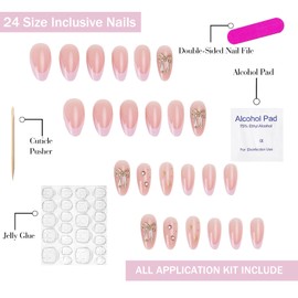Pink French Tip Press on Nails Medium Almond OFDNE 3D Fake Nails False Nails with Gold Bow Rhinestones Stars Designs Cute Nails Glossy Glue on Nails Acrylic Nails for Women Girls 24Pcs