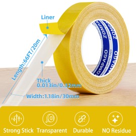 ZOMPAGO Double Sided Tape Heavy Duty Fabric Tape for Carpet Repair Kit,Extra Sticky Clear Adhesive Strong Cloth Tape, Durable Wall,Picture Tape,Mounting Tape Hanging Strips,1.18in x66FT