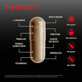 T-STO ELITE a base de Creatina, Zinc, Vitamina D3, L-arginina, Hongo Cordyceps, Tribulus y Citrato de Potasio | 120 Cápsulas (500mg c/u para 2 meses) 