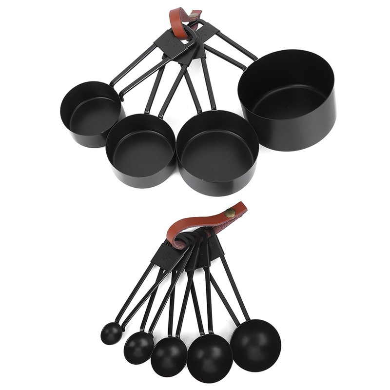 9PCS Black Stainless Steel Measuring Cups Set Coffee Spoon with