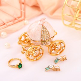 QIFU Hand Painted Pearl White Cinderella Pumpkin Carriage Trinket Box Hinged with Rich Enamel and Sparkling Rhinestones, Unique Gift for Family