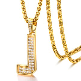 U7 Mens Gold Letters Necklace with Stunning Stones, 18K Real Gold Plated Iced Out Initial A-Z Name Necklaces Pendant & Chain -J