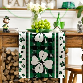 Artoid Mode Green Clover Buffalo Plaid Shamrocks St.Patrick's Day Table Runner, Seasonal Kitchen Dining Table Decoration for Indoor Home Party 13x60 Inch