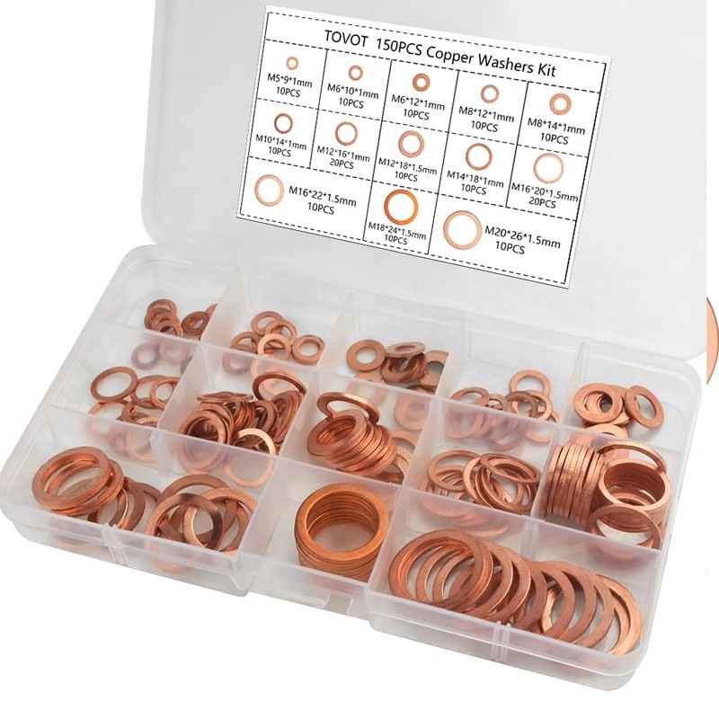 150PCS Copper Washers Assortment Set 8 Sizes Crush Washers Flat