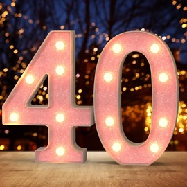 Light Up Number,Two Pink Glitter Number 40 Signs, Night Lights, 21.8cm Lighted Digits Ideal for Big Birthday Celebrations, Family Reunions, Or Event Decor (2 Pack)