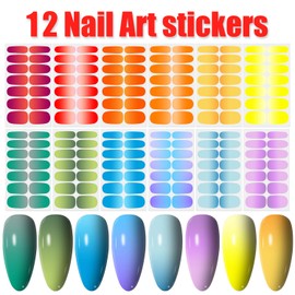 WOKOTO 12 Sheets Bright Color Gradient Nail Stickers Full Nail Wraps for Women Solid Ombre Nail Art Gel Stickers for Nails Polish Strips with Nail File Kit Gel Nail Strips Press On Nails Polish Wraps