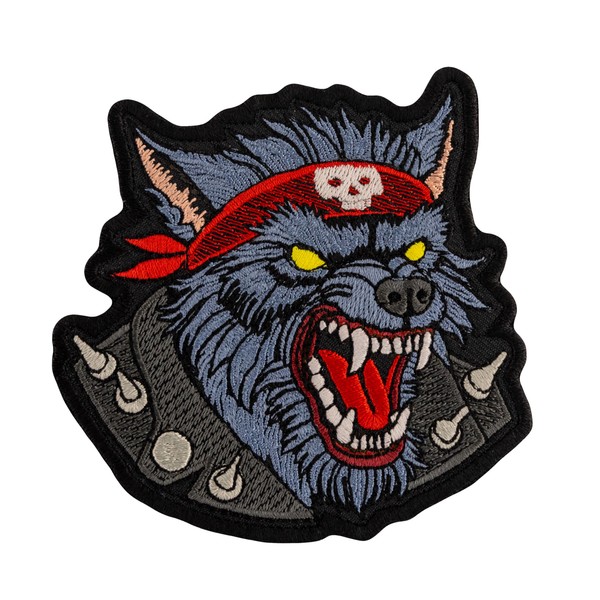 Evil Wolf with Fangs in a Leather Biker Jacket. Embroidered