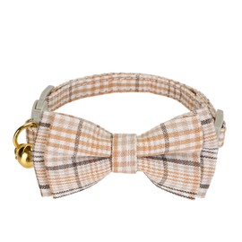 YUDOTE Plaid Cat Collars with Bow,Quick Release Safty Buckle and Charming Bell,Soft and Pure Cotton Fabric for Daily Use,Pack of 1 in Beige