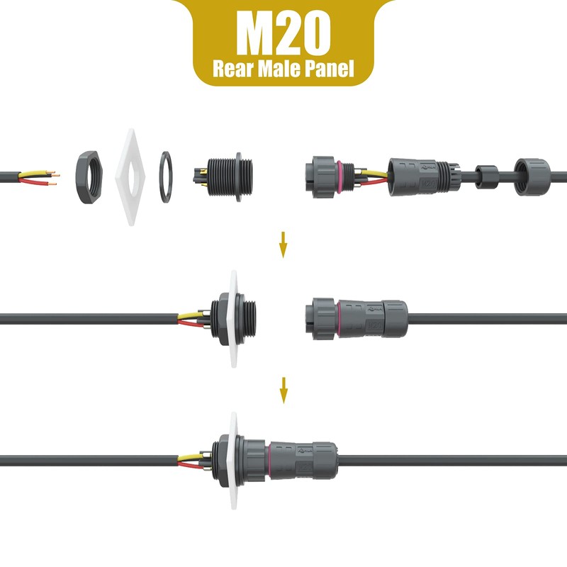 AOHUA IP68 Waterproof Connector (4-Pack), M20 2-Pin Industrial/Aviation Connector, (300V/15A)
