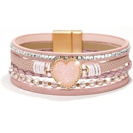 Suyi Multilayer Leather Wrap Bracelet Wide Cuff Bracelets for Women Girls Heart-shape Pink 2