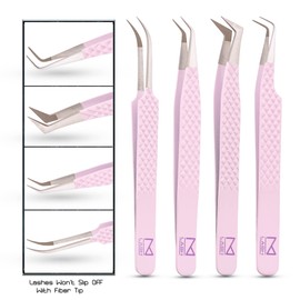 M LASH Eyelash Extension Tweezers (Set of 4) - Professional & Precision Lash Tweezers for Eyelash Extensions - Japanese Steel, Diamond Grip, Fiber Tip for Stunning Results (Lilac)
