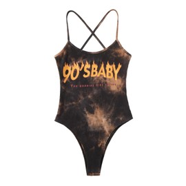 WDIRARA Women's Letter Graphic Tie Dye Sleeveless Bodysuit Criss Cross Backless Ribbed Body Suit Multicolor Medium