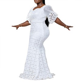 Cololura Elegant Lantern Sleeve Hollow Bodycon Maxi Formal Wedding Party Dress Evening Gown - XL A-White