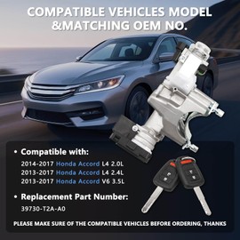 RAMATA Ignition Lock Cylinder Switch Compatible with 2013 2014 2015 2016 2017 Honda Accord 2.0L 2.4L 3.5L, Replace # 39730-T2A-A0, (with 2 Blank Chipped Remote Keys)