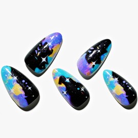 Press on Nails Medium Almond, GLAMERMAID Purple Ombre Colorful Nebula Glue on Gel Nails, 24Pcs Short Stiletto Acrylic False Nails Kits Reusable UV Finish Full Cover Stick on Nails for Women Gifts