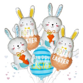 5pcs Easter Balloons Decoration, Easter Bunny Foil Balloons, Happy Easter Rabbit Balloons for Birthday Kids Easter Party Decoration