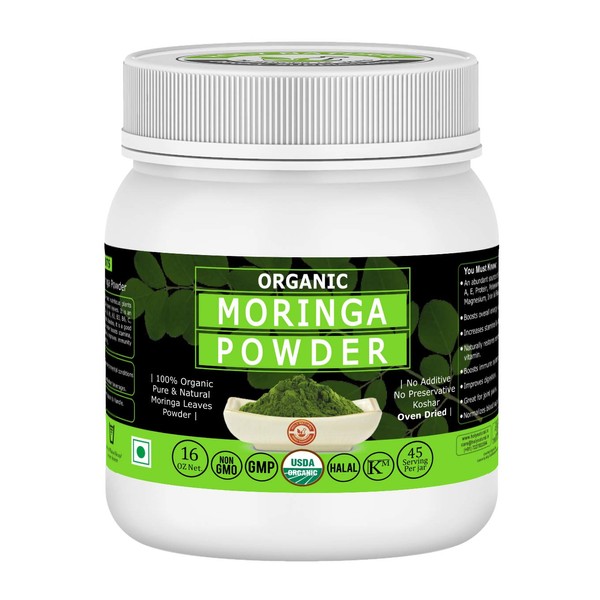 Organic Moringa Leaves Powder- 16 Oz, USDA Certified I 100% Pure & Natural, Have Excellent Source of Many Vitamins and Mineral I RAW, Greenish Like Leaves, NO Preservative, Non GMO