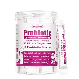 ZEBORA Probióticos en polvo para mujeres Probióticos en polvo 50 mil millones de UFC 13 cepas, probióticos para mujeres con prebióticos para la salud 