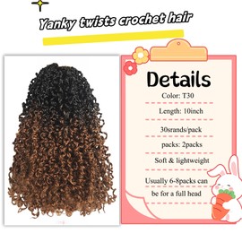 Yanky Twist Crochet Hair 10inch Ombre Pre-Twisted Bohemian Twist Curly Braiding Hair Extensions 2Packs Pre-looped Mini Passion Braids Spring Crochet Braiding Hair Extensions