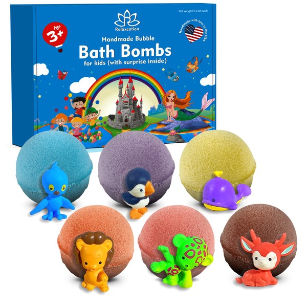 6 Bath Bombs Gift Set for Kids with Surprise Cute Funny Animals Toys Inside - Handmade in USA from Safe Ingredients Specially for Kids 3 and up Years Old - for Boys, Girls, Teens, Toddlers