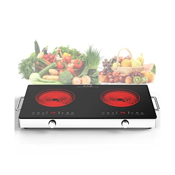 VBGK Electric Cooktop,120V 2400W Electric Stove Top with Knob Control,9 Power Levels, Kids Lock & Timer, Hot Surface Indicator, Overheat Protection,12 Inch Built-in Radiant Double induction cooktop