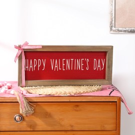 Valentines Day Decorations-Happy Valentines Day Tabletop Sign -Wooden Farmhouse Sign for Valentines for Home Shelf Mantel Fireplace Table Windowsill Decor (Red)