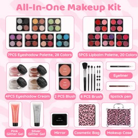Anpro All-In-One Leopord Double Folding Makeup Kit with Case, Pro Teen Makeup Set, Full Starter Kit with Makeup Brushes, Lipsticks, Eyeshadow Palette, Blushes, Glitter Gel, Ideal Present for Girls