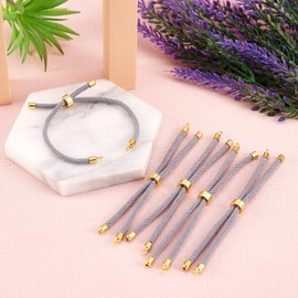 FASHEWELRY 10 Pcs Nylon Twisted Cord Bracelet Making Adjustable Slider Bracelets Nylon Cord Chain Link Bracelet with Golden Brass Findings for DIY Jewelry Making Supplies (Light Grey)