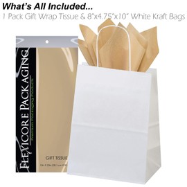 Flexicore Packaging White Kraft Paper Gift Bags & Desert Tan Gift Wrap Tissue Paper Size: 8 Inch X 4.75 Inch X 10.5 Inch | Count: 5 Bags | Color: Desert Tan