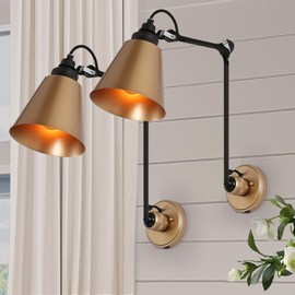 KSANA Gold Swing Arm Wall Sconce 2 Pack, Modern Black Wall Sconces Lighting Plug-in or Hardwired Adjustable Wall Lamp for Bedroom, Kitchen, and Living Room