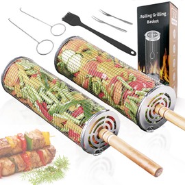 Bitlaintab Nesting Grill Baskets, Removable Wood Handles, Rolling Grill Baskets Set for Outdoor Grilling Vegetables, Seafood, and Meat, Thickened 304 Stainless Steel, Ideal for BBQ Enthusiasts and Camping Trips(2PC)