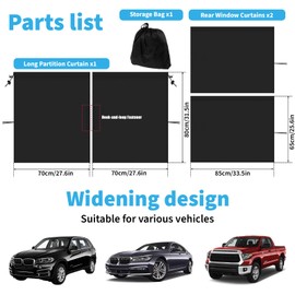 MAEZOE Set of 3 Car Window Shades, 1 Rear Seat Divider Curtain & 2 Rear Side Window Curtains, 99% Light Blocking Car Curtains, Wide Sedan SUV Sunshade Window Covers for Kids Baby Travel Camping Nap