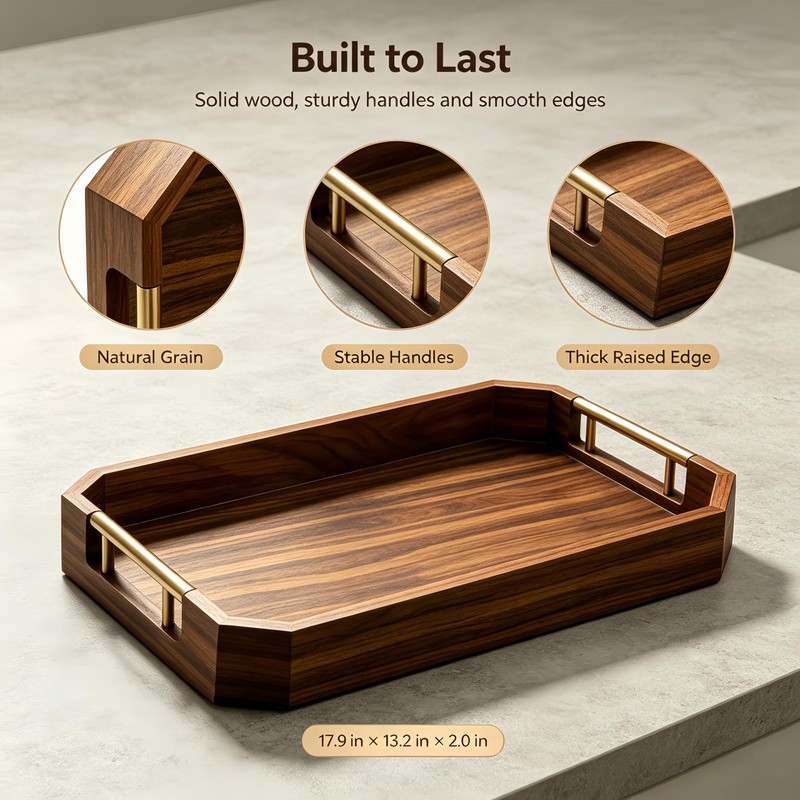 Wooden Serving Tray with Metal Handles, Acacia Wood Rectangular Decorative