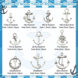 LiQunSweet 100 Pcs 10 Styles Vintage Nautical Anchor Theme Alloy Metal Charms Collection Bulk for Necklace Bracelet Jewelry Making and Crafting - 13.8x10.5mm