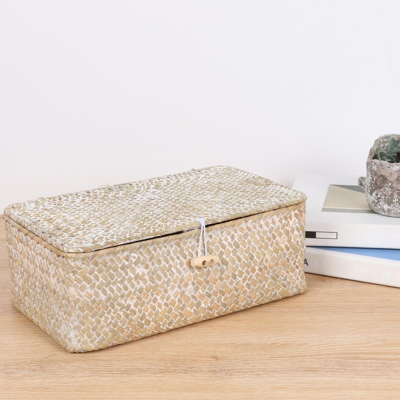 FEIALNDUO Wicker Shelf Baskets with Lid,Seagrass Storage Basket Bins Rectangular