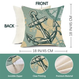 Fjfz Nautical Anchor Decorative Throw Pillow Covers 18 x 18 Set of 2, Coastal Sailboat Map Navigation Voyage Compass Helm Porch Outdoor Home Decor, Beach Sea Ocean Cruise Lover Couch Cushion Case