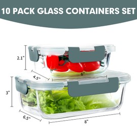 VERONES 10 Pack Glass Meal Prep Containers, Airtight Glass Lunch Containers, Stackable Glass Food Storage Containers Set with Lids,Exclusive of BPA,for Microwave, Oven, Freezer & Dishwasher,Grey