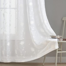 White Sheer Curtains Embroidery 72 Inch Length Rod Pocket Voile Drapes for Living room, Bedroom, Outdoor, Nursery Curtain Semi Flower Curtain Panels for Baby, Womaen, Garden, Lawn, Set of 2, 52"x 72".