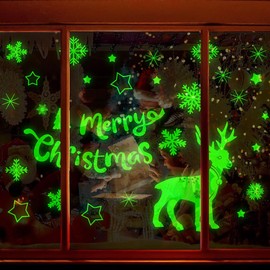 HAKUKU Pegatina de Decoración Navideña Luminosa, 68 piezas Luminosas de Alce de Navidad, Pegatina de Ventana de Copo de Nieve Decoración de Pared para Fiesta