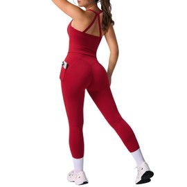 RXRXCOCO Cross Back Workout Sets for Women 2 Piece Padded Tank Tops Hidden Scrunch Leggings Gym Outfits with Pockets Red Small