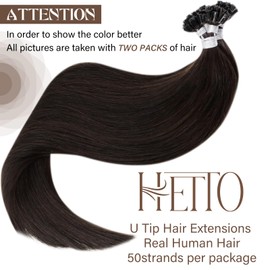 Hetto K Tip Hair Extensions Real Human Hair Brown 20Inch Ktip Human Hair Extensions Natural Dark Brown U Tip Hair Extension Human Hair #2 Invisible 50g 50s