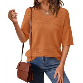 PRETTYGARDEN Women's Short Sleeve Sweater Tops 2025 Spring Summer Casual V Neck Ribbed Knit Trendy Eyelet Blouse T Shirts (Orange Red,Large)