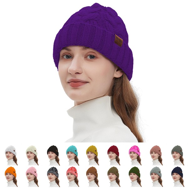 Rosoz Beanie for Women,Winter Warm Beanie Tail Soft Stretch Cable