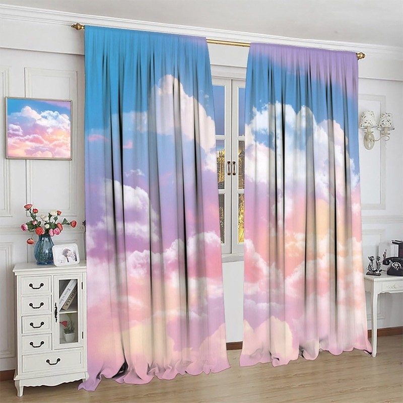 Clouds Curtains,Pink Dream Stars Clouds Print Home Decor Bedroom Living