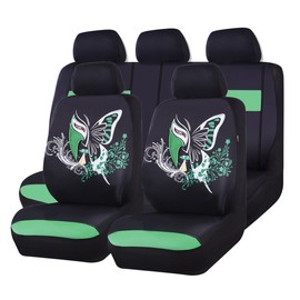 Green Leather & Gaberdine Butterfly Inspiration Car Seat Covers, Universal Car Seat Covers Full Set with Airbag Compatiable, Fit for Vehicles,Cars,Suvs,Vans(Black and Green)