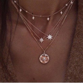 Dervivea Boho Layered Crystal Star Necklace Cz Northstar Pendant Necklace Multi Layer Star Coin Necklace Gold Starburst Chain Necklace Pave Star Necklace Jewelry for Women and Girls