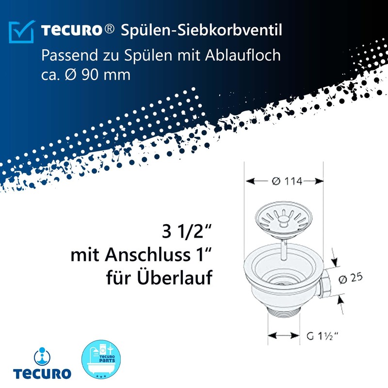 Tecuro rinse drain, rinse strainer valve, 1 1/2 inches, diameter